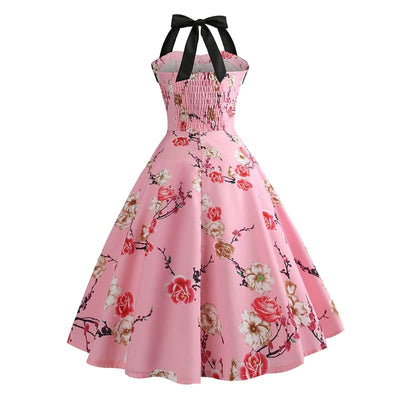 Różowa Sukienka Vintage Pin-Up W Kwiaty