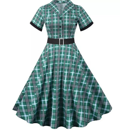 Sukienka Vintage W Zielono-Czarne Paski