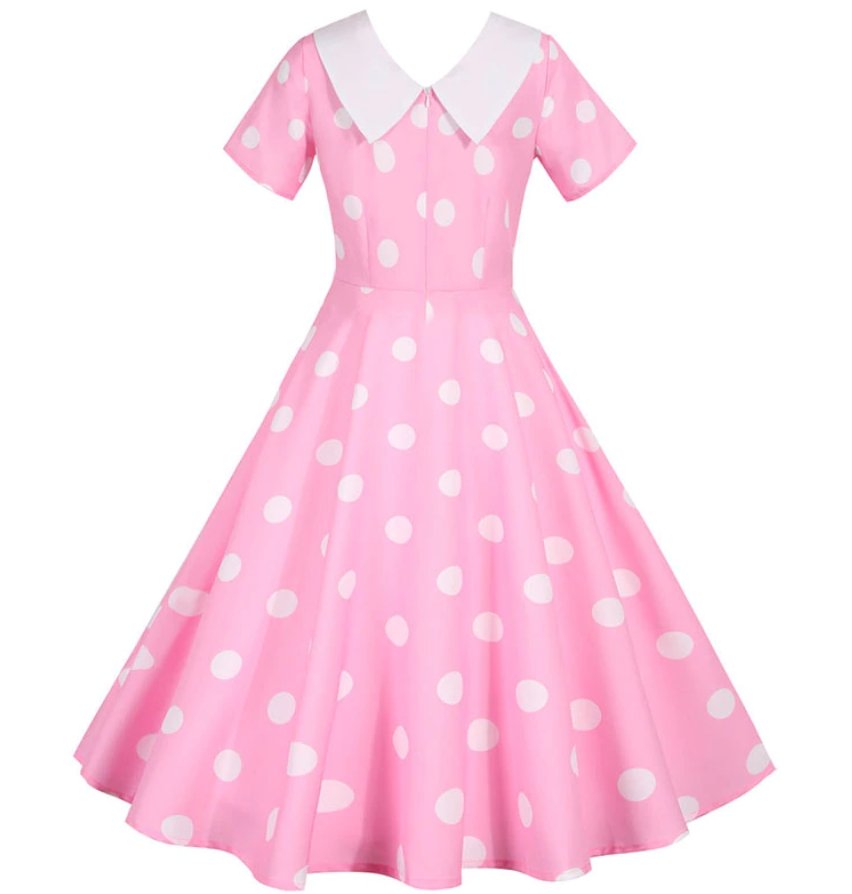 Vintage Różowa Sukienka W Białe Kropki