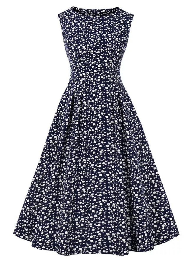 Granatowa Sukienka Vintage Z Wysokim Stanem