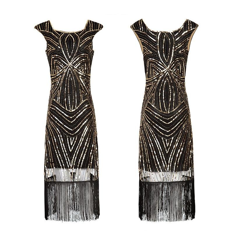 Czarna Złota Sukienka Retro Z Lat 20. XX Wieku